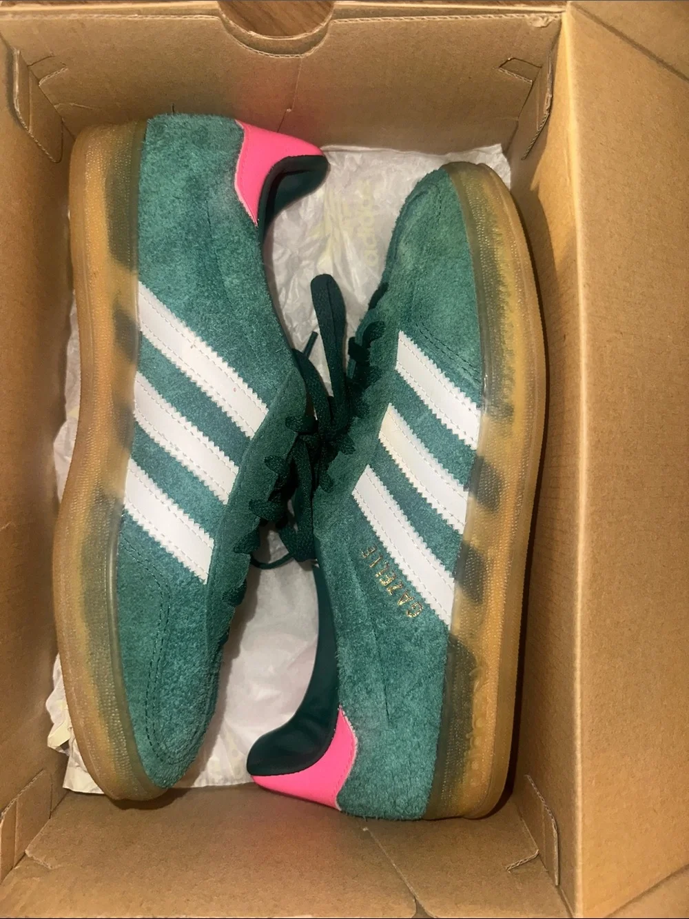 adidas Gazelle Green Suede Sneakers with Pink Heel Accent